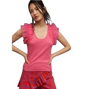 Anthropologie Dolan Pink Ruffled Sleeve Top Fun Flirty Size XL
